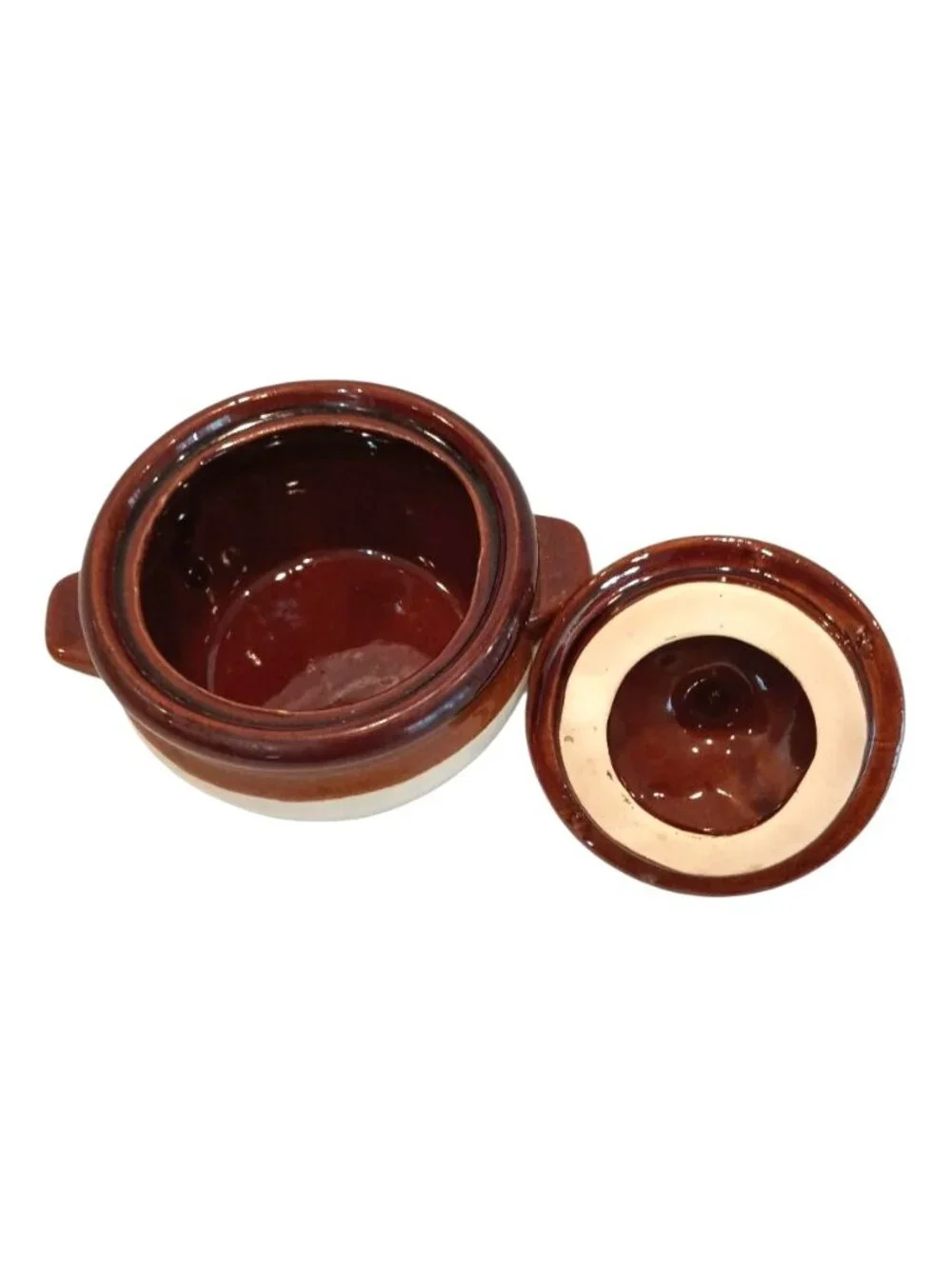 Vintage Stoneware Mini Bean Pot Crock W Lid Rustic Brown & Tan Glaze 1970s